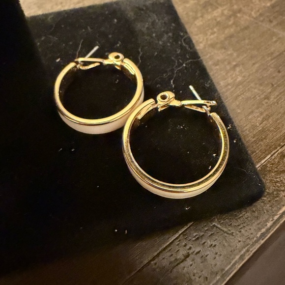 Monet Gold and Cream Hoop Earrings - Picture 4 of 5
